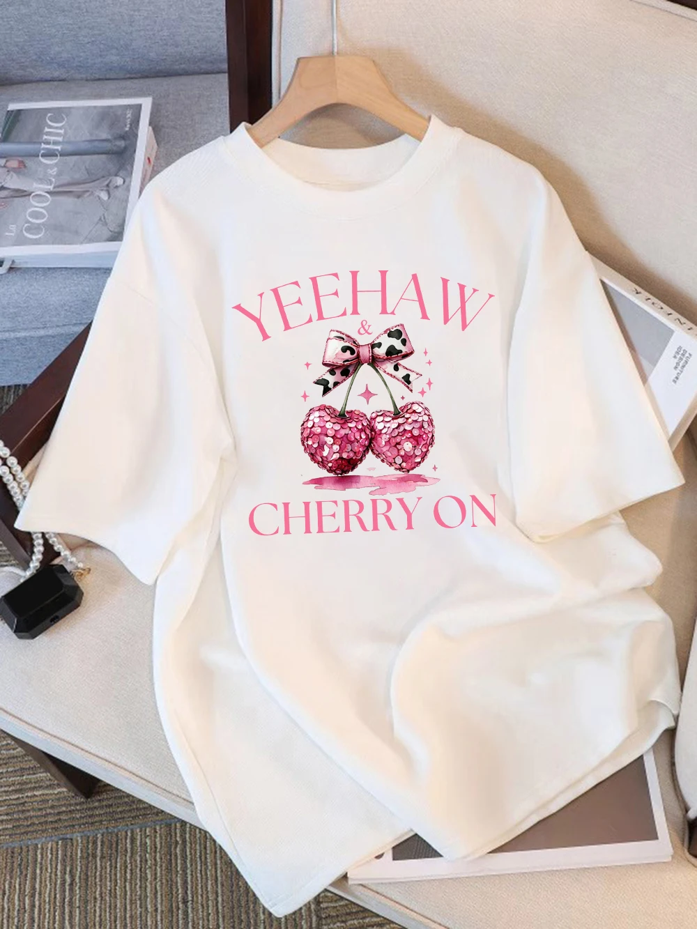 100% Cotton Summer T-Shirts Womens Pink Bow Cherry Printing Tops Comfortable Soft O-Neck Short Sleeve All-Match Womans Clothes
100% Cotton Summer T-Shirts Womens Pink Bow Cherry Printing Tops Comfortable Soft O-Neck Short Sleeve All-Match Womans Clothes