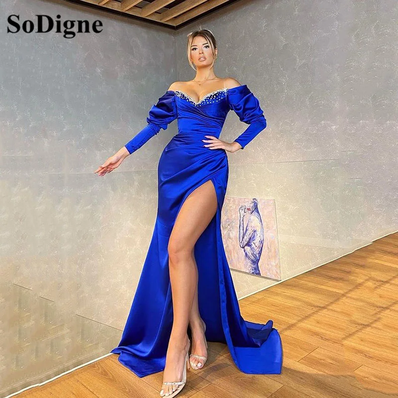 SoDigne Sexy Royal Blue Beads Evening Dress Off The Shoulder Satin Prom Party Gowns Long Sleeve Split Special Occasion Dresses
SoDigne Sexy Royal Blue Beads Evening Dress Off The Shoulder Satin Prom Party Gowns Long Sleeve Split Special Occasion Dresses