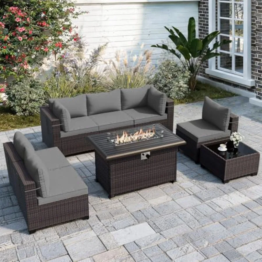 Patio furniture set for outdoor use, wicker rattan material, gray color, 8 pcs with fire pit table 55000 BTU,wide seat and thic
Patio furniture set for outdoor use, wicker rattan material, gray color, 8 pcs with fire pit table 55000 BTU,wide seat and thic
