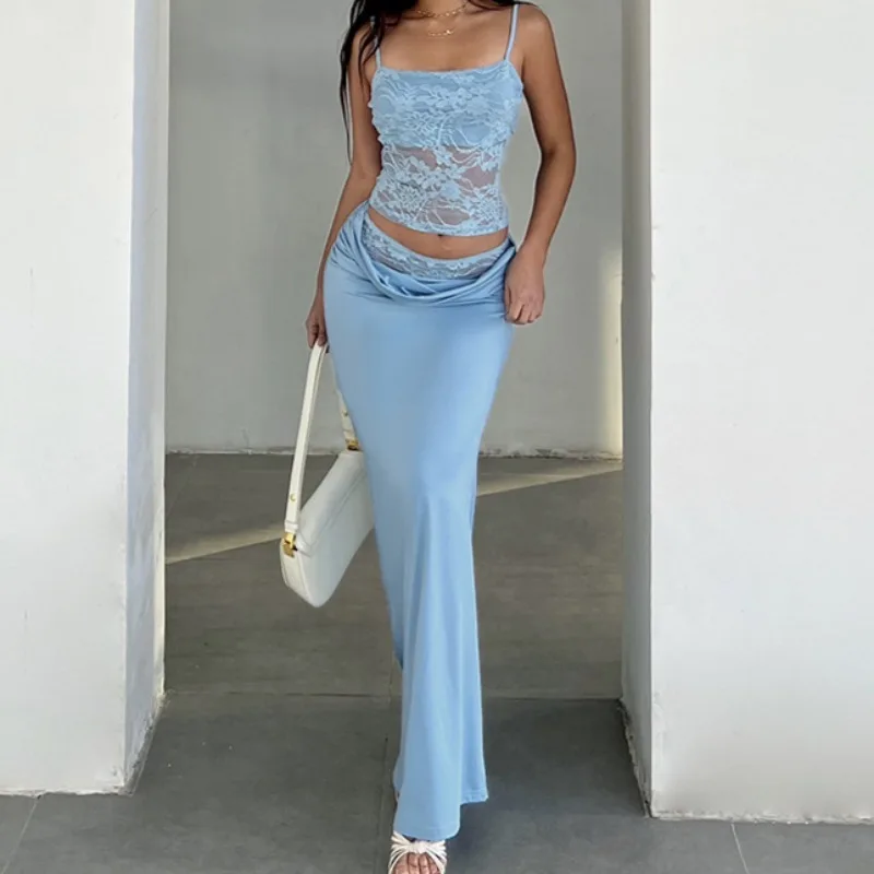 Tuularose Women's Long Skirt Two-Piece Summer Lace Sling Top Satin Patchwork High Waist Skirt Set Fashion Female Party Skirt Set
Tuularose Women's Long Skirt Two-Piece Summer Lace Sling Top Satin Patchwork High Waist Skirt Set Fashion Female Party Skirt Set