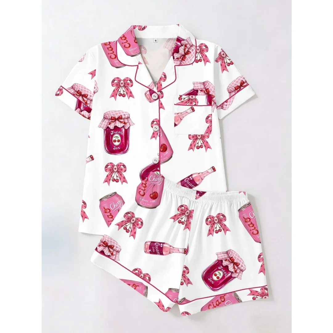 Cute Women's Pajamas Set Cherry Printed Loungewear Home Wear Set 2pcs with Lapels Short Sleeves and Shorts Pants Summer Gifts
Cute Women's Pajamas Set Cherry Printed Loungewear Home Wear Set 2pcs with Lapels Short Sleeves and Shorts Pants Summer Gifts