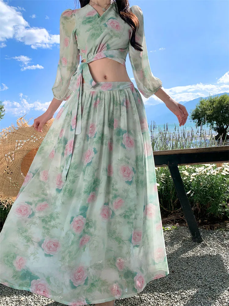 Women Boho Flowers Chiffon Two Pieces Sets 2025 New Summer Lace Up Crop Tops + High Waist A-Line Long Skirt Vacation Casual Suit
Women Boho Flowers Chiffon Two Pieces Sets 2025 New Summer Lace Up Crop Tops + High Waist A-Line Long Skirt Vacation Casual Suit
