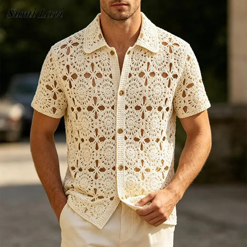 Sexy Hollow Out See Through Knit Men Shirts Summer New Casual Button-up Lapel Short Sleeve Knitted Shirt Tops Vintage Mens Shirt
Sexy Hollow Out See Through Knit Men Shirts Summer New Casual Button-up Lapel Short Sleeve Knitted Shirt Tops Vintage Mens Shirt