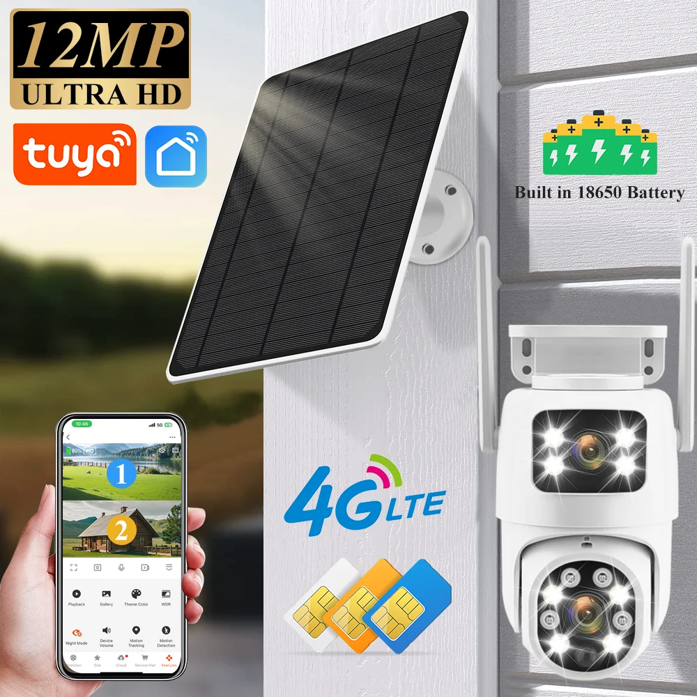 Tuya Solar 4G Outdoor Waterproof Camera PIR Auto Tracking 12MP Dual Len PTZ Smart Camera Battery Security Network Monitor IP Cam