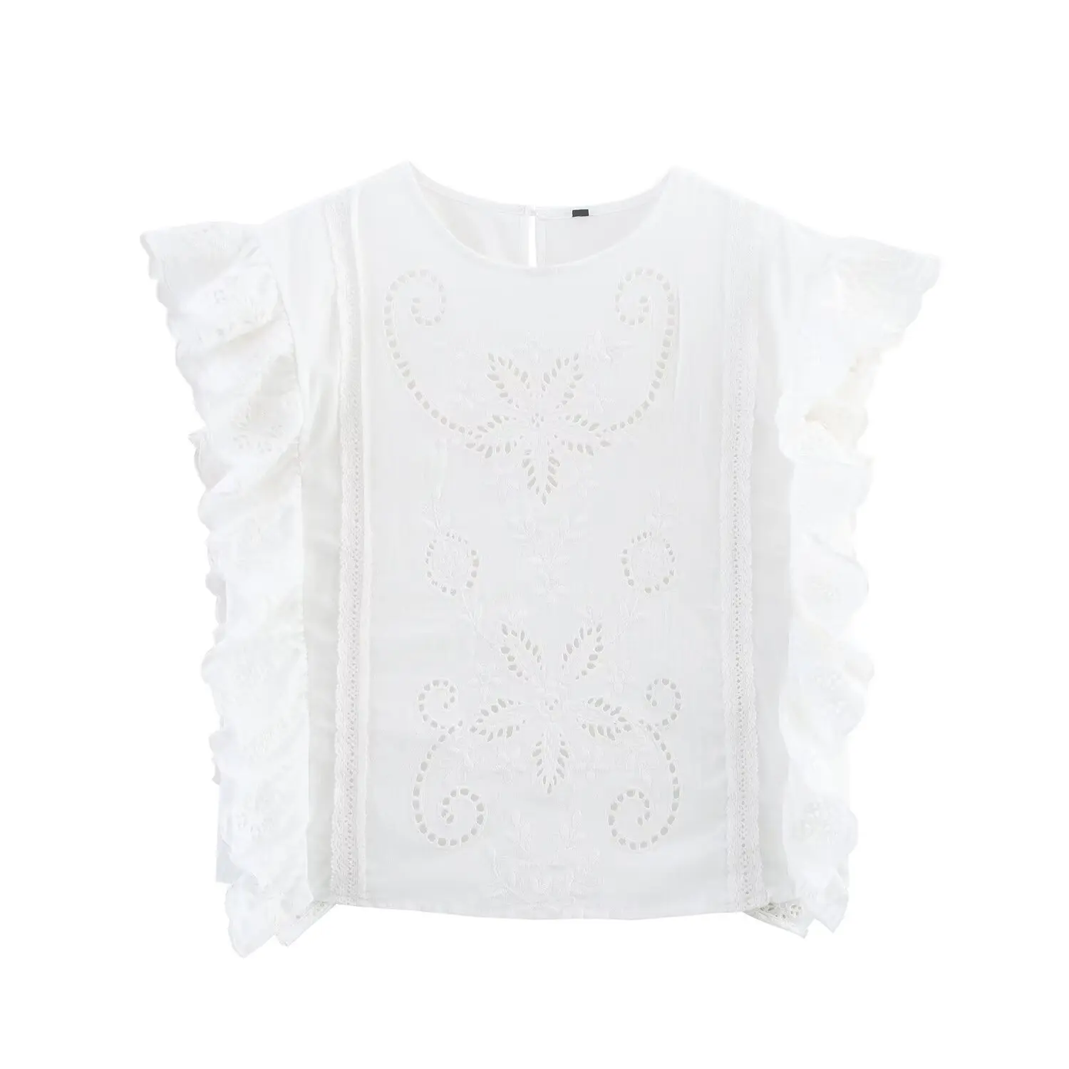 ZBZA Women's Hollow Embroidered Vest Loose O-neck Ruffle Sleeves Back Buttons Solid Color Top Spring Summer New Female Chic Vest
ZBZA Women's Hollow Embroidered Vest Loose O-neck Ruffle Sleeves Back Buttons Solid Color Top Spring Summer New Female Chic Vest