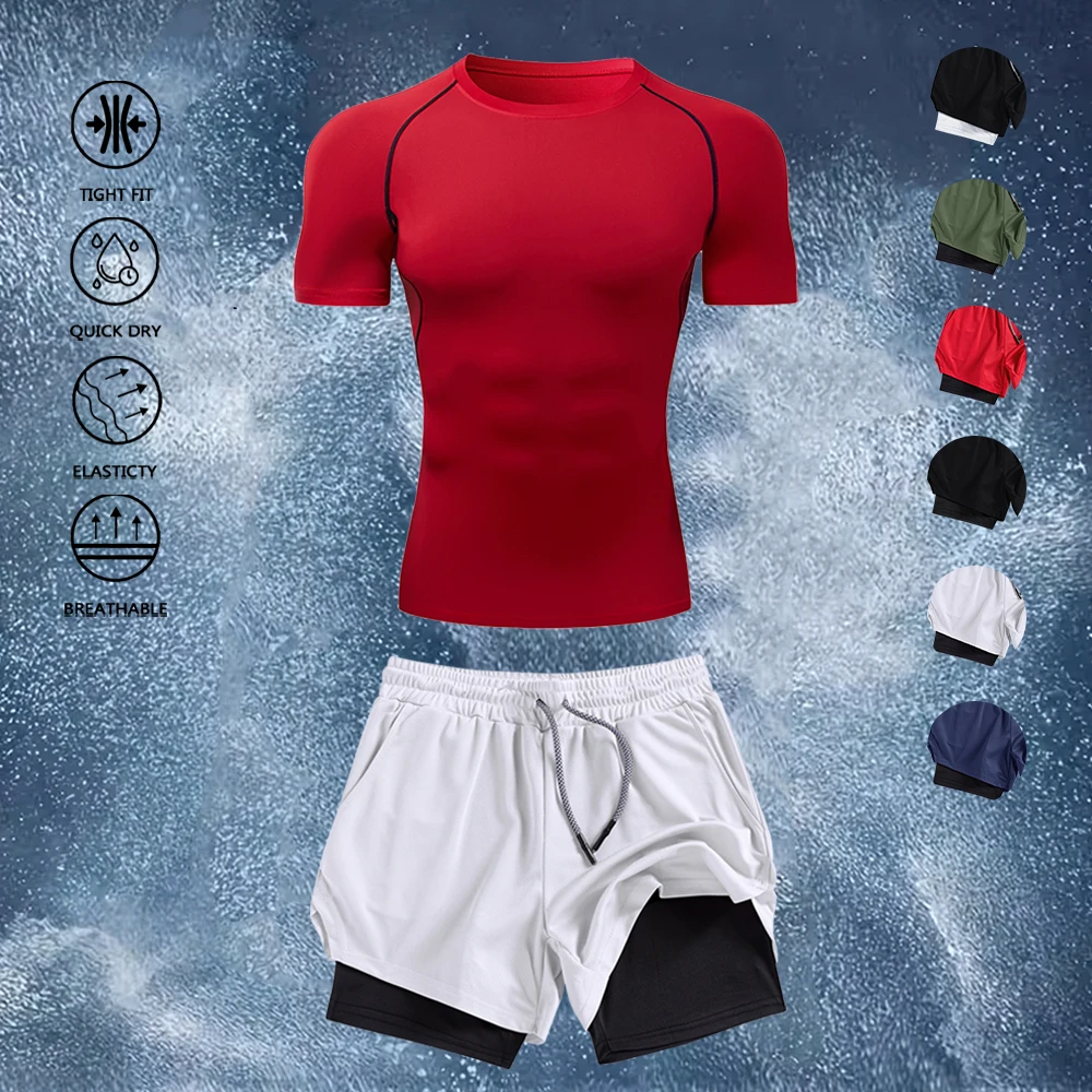 Men's 2Pcs Workout Outfit Tight Fit Quick Dry Compression T-Shirt + Double Layer Running Shorts Gym Training Sportswear Set
Men's 2Pcs Workout Outfit Tight Fit Quick Dry Compression T-Shirt + Double Layer Running Shorts Gym Training Sportswear Set
