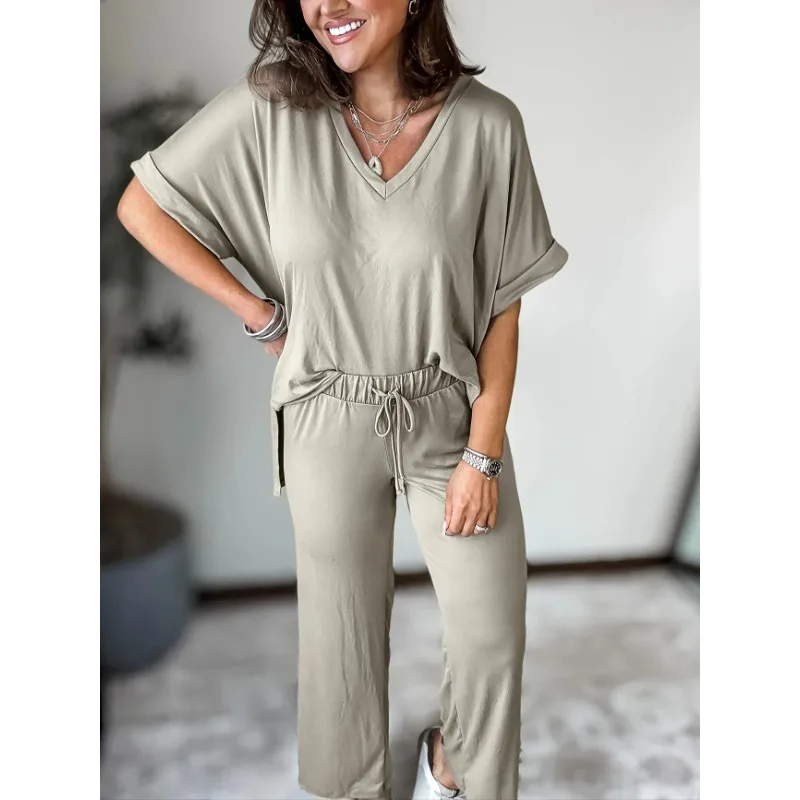 Plus Size New Women's Fashion Beige V-Neck Short Sleeve Top & Wide Leg Pants Set Women Spring Summer Casual Outfit
Plus Size New Women's Fashion Beige V-Neck Short Sleeve Top & Wide Leg Pants Set Women Spring Summer Casual Outfit