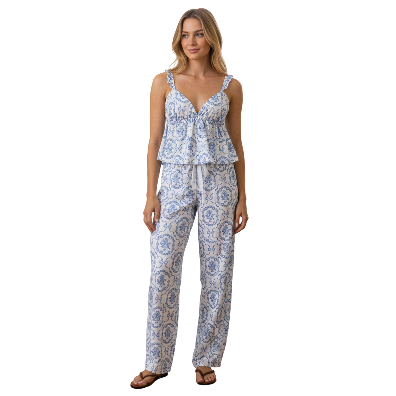 Women Pajama Set Flower Print V-neck Backless Camisole with Pants Sleepwear Loungewear
Women Pajama Set Flower Print V-neck Backless Camisole with Pants Sleepwear Loungewear