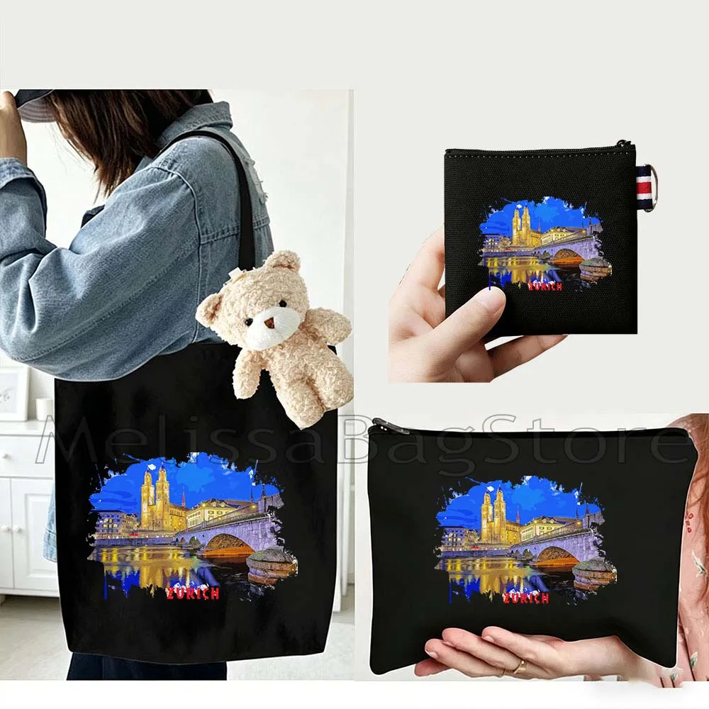 4PCS Gifts Set Zurich Switzerland Black Canvas Tote Bag Handbag with Doll Key Coin Purse Cosmetic Makeup Toilet Bag Case Pouch
4PCS Gifts Set Zurich Switzerland Black Canvas Tote Bag Handbag with Doll Key Coin Purse Cosmetic Makeup Toilet Bag Case Pouch