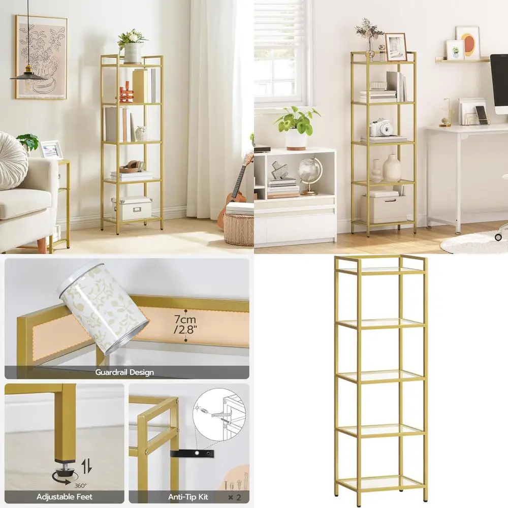 5-Tier Gold-Tone Corner Bookshelf, Glass Display Cabinet for Compact Spaces, Ideal for Home Office, Living Room, Bedroom
5-Tier Gold-Tone Corner Bookshelf, Glass Display Cabinet for Compact Spaces, Ideal for Home Office, Living Room, Bedroom