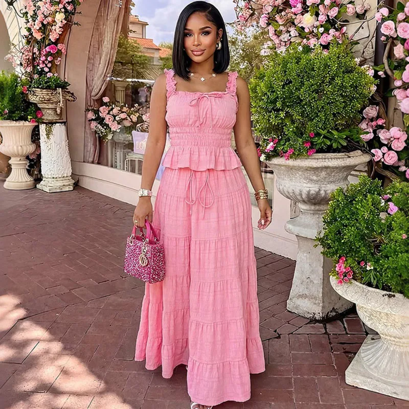 Doyerl Sweet Summer Outfit Woman Clothes Two Piece Sets Holiday Ruched Ruffles Strap Top and A-line Long Skirt Matching Set
Doyerl Sweet Summer Outfit Woman Clothes Two Piece Sets Holiday Ruched Ruffles Strap Top and A-line Long Skirt Matching Set