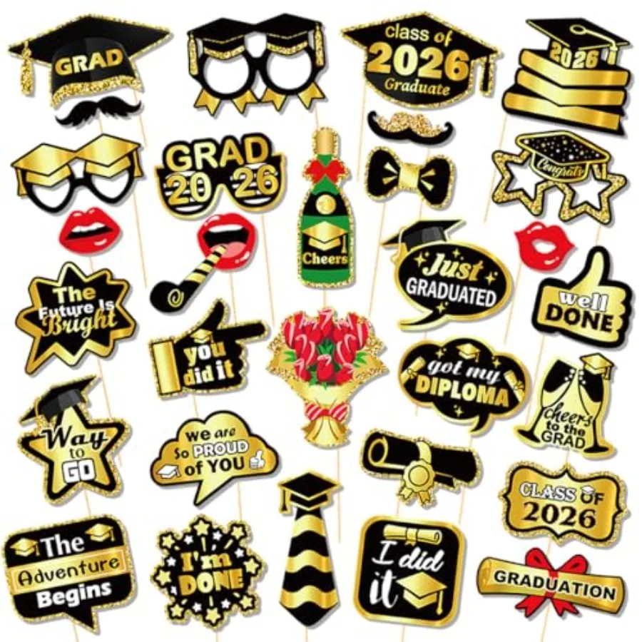 2026 Graduation Photo Booth Props Kit - 30Pcs Gold Glitter Class of 2026 Photo Props with Grad Cap, Diploma, Cheers to the Grad
2026 Graduation Photo Booth Props Kit - 30Pcs Gold Glitter Class of 2026 Photo Props with Grad Cap, Diploma, Cheers to the Grad