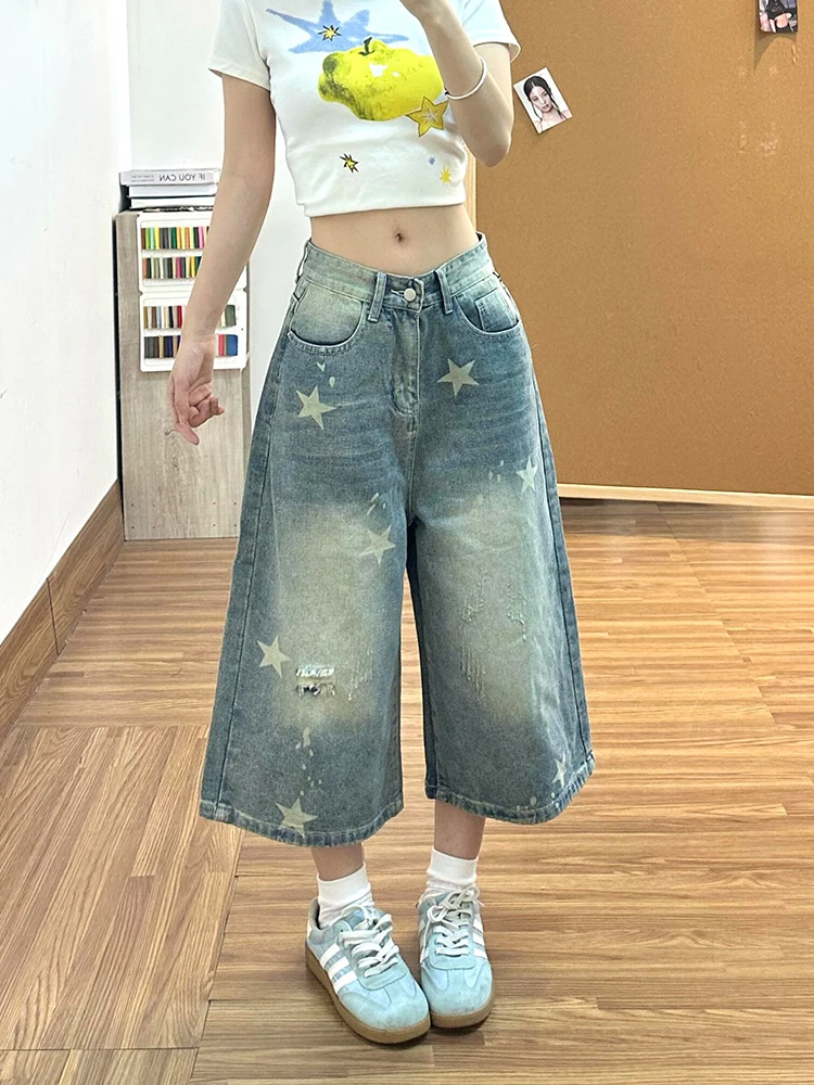 Retro American Hole Seven-Foot Jeans Women's Summer Star Print Loose Slim Straight Mid-Pants High Waist Denim Fabric Zipper
Retro American Hole Seven-Foot Jeans Women's Summer Star Print Loose Slim Straight Mid-Pants High Waist Denim Fabric Zipper