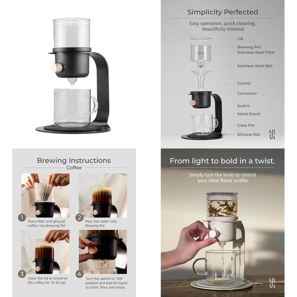 Magnetic Infuser Glass Tea Pot for Loose Leaf Tea and Pour Over Coffee, Semi-Automatic, Black
Magnetic Infuser Glass Tea Pot for Loose Leaf Tea and Pour Over Coffee, Semi-Automatic, Black