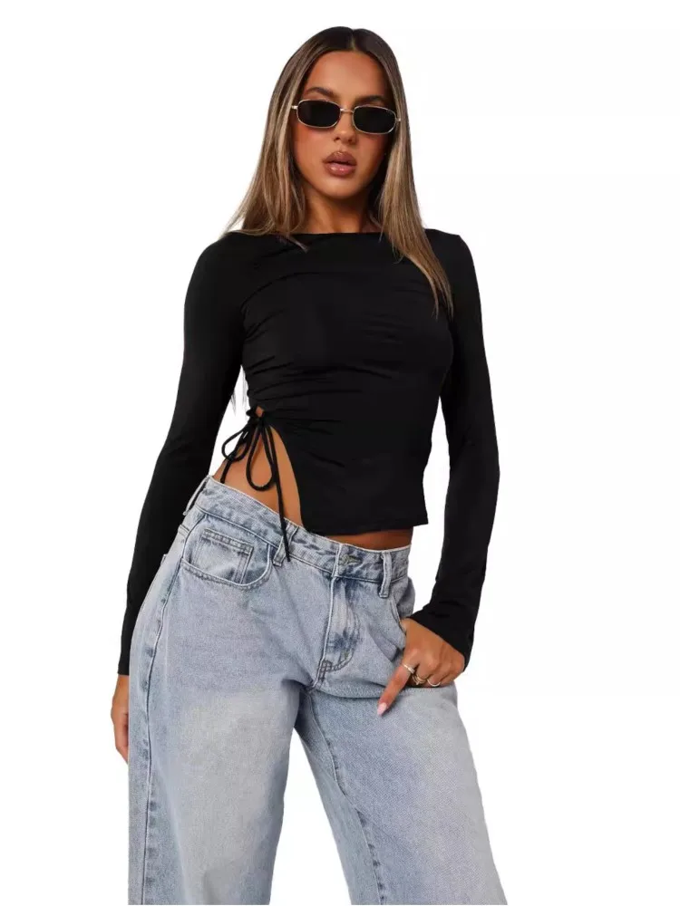 2025 Spring Summer Women Long Sleeve T Shirts O Neck Black Bodycon Sexy Fashion Lace Up Irregular Casual Drawstring Cropped Tops
2025 Spring Summer Women Long Sleeve T Shirts O Neck Black Bodycon Sexy Fashion Lace Up Irregular Casual Drawstring Cropped Tops