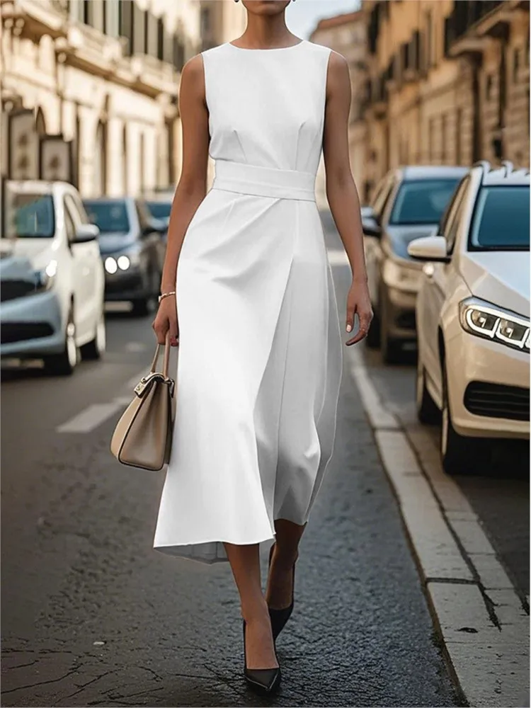 Fashion Casual Long Dress Female Sleeveless O-neck Solid Color Waist-closing Women Dresses Elegant Office Ladies Dresses Summer
Fashion Casual Long Dress Female Sleeveless O-neck Solid Color Waist-closing Women Dresses Elegant Office Ladies Dresses Summer