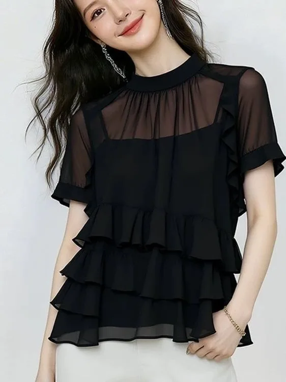 Black Lace Trim Short Sleeve Top Women's Summer Slimming Layered Cake Style Beautiful Korean Version Commute Wind Shirt
Black Lace Trim Short Sleeve Top Women's Summer Slimming Layered Cake Style Beautiful Korean Version Commute Wind Shirt