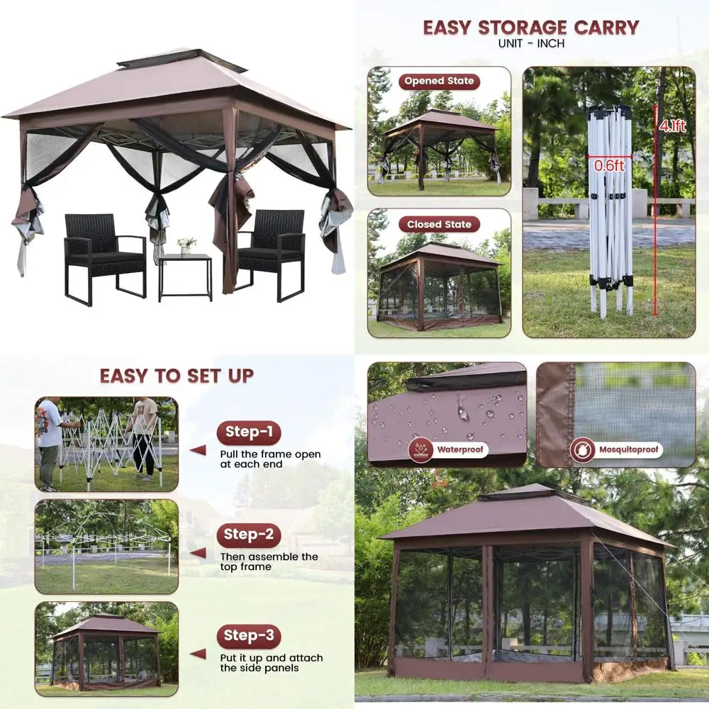 10'x10' Canopy Tent Patio Canopies with Mosquito Netting Waterproof Gazebos with Double Roof Tops for Backyard and Garden, Brown
10'x10' Canopy Tent Patio Canopies with Mosquito Netting Waterproof Gazebos with Double Roof Tops for Backyard and Garden, Brown