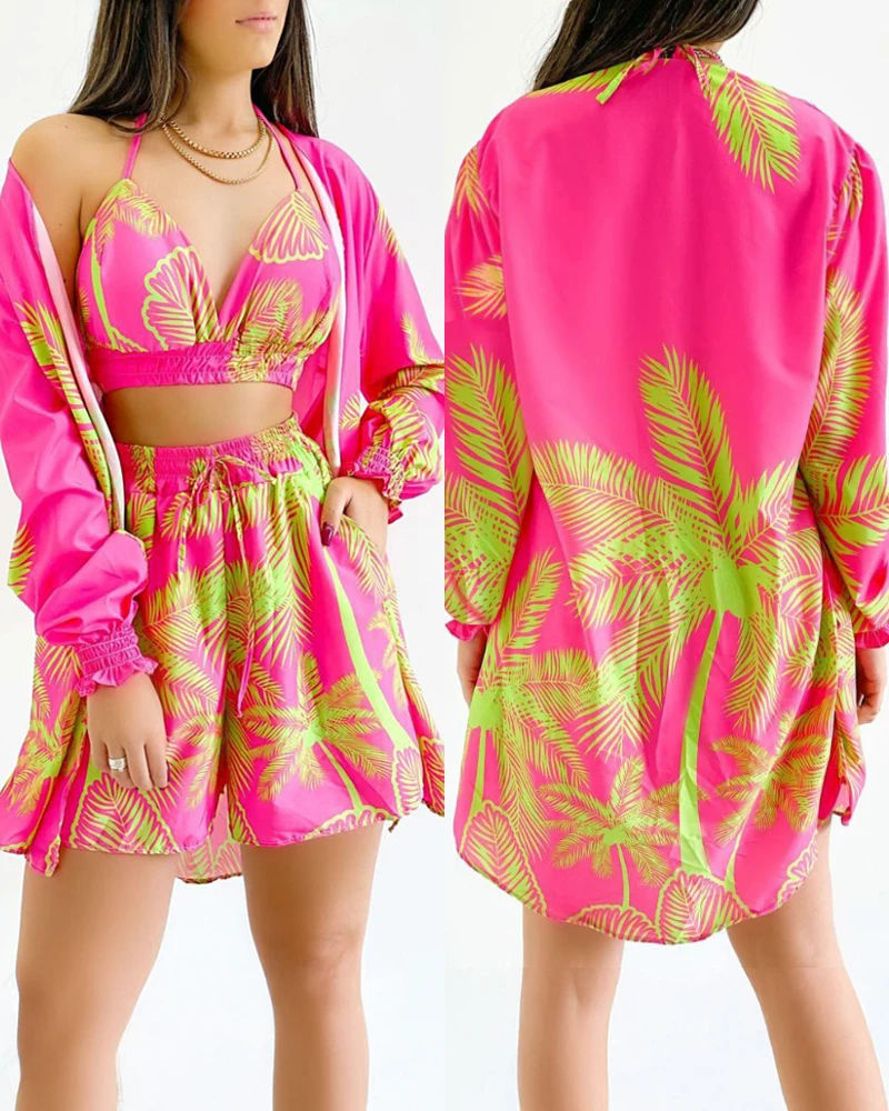 Vintage 3 Piece Set Y2K Vacation Style Tropical Coconut Tree Printed Camisole Top Casual Shorts Long Sleeved Jacket Shorts Set
Vintage 3 Piece Set Y2K Vacation Style Tropical Coconut Tree Printed Camisole Top Casual Shorts Long Sleeved Jacket Shorts Set