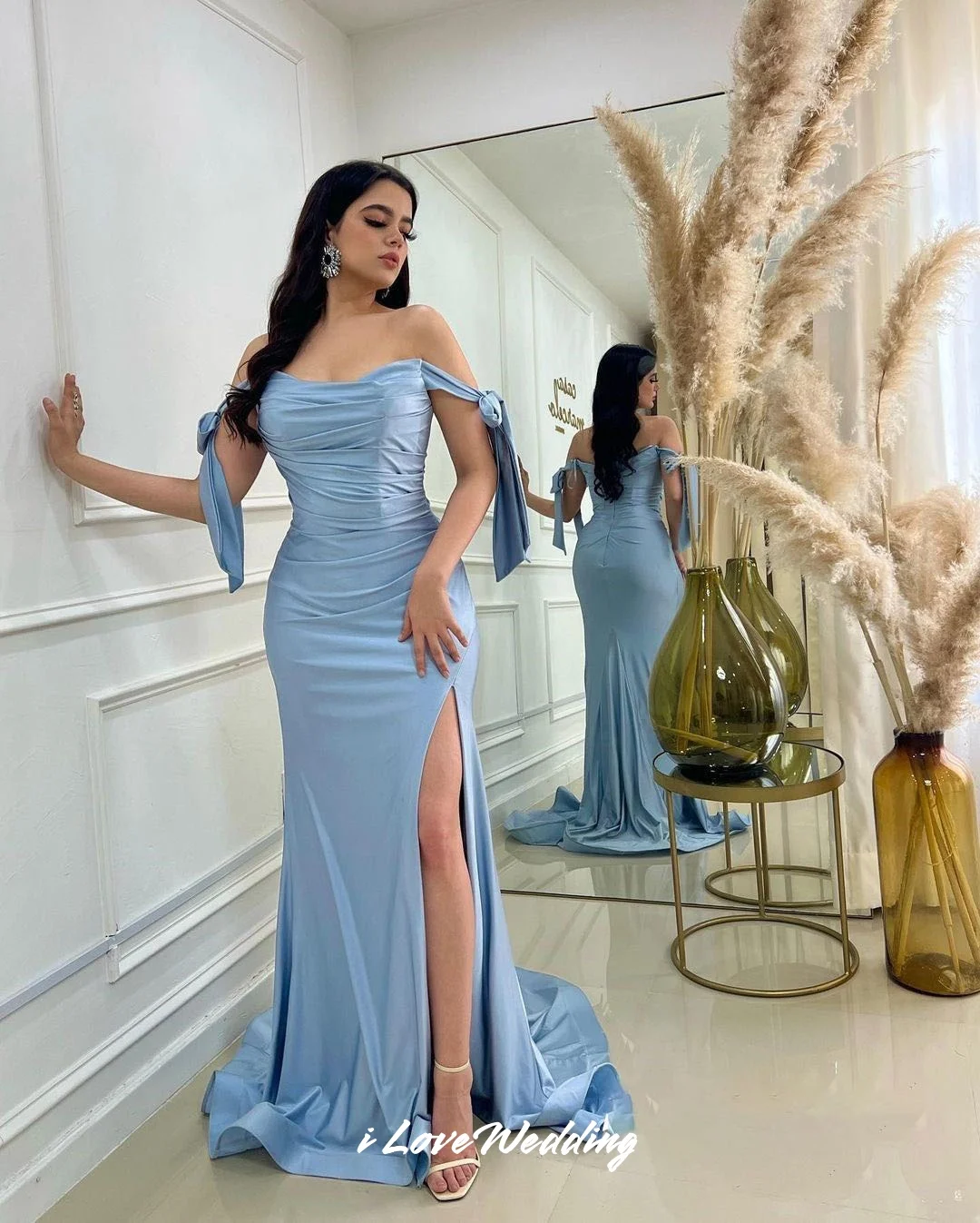 Blue Off the Shoulder Evening Dresses 2025 Satin Strapless Pleated High Split Mermaid Sweep Train Wedding Party Dress Customized
Blue Off the Shoulder Evening Dresses 2025 Satin Strapless Pleated High Split Mermaid Sweep Train Wedding Party Dress Customized