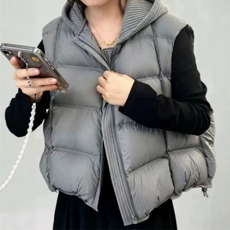 Knitted Splicing Hooded Down Vest Female Zipper Waistcoat Outwears Women White Duck Down Sleeveless Warm Vest Tops
Knitted Splicing Hooded Down Vest Female Zipper Waistcoat Outwears Women White Duck Down Sleeveless Warm Vest Tops