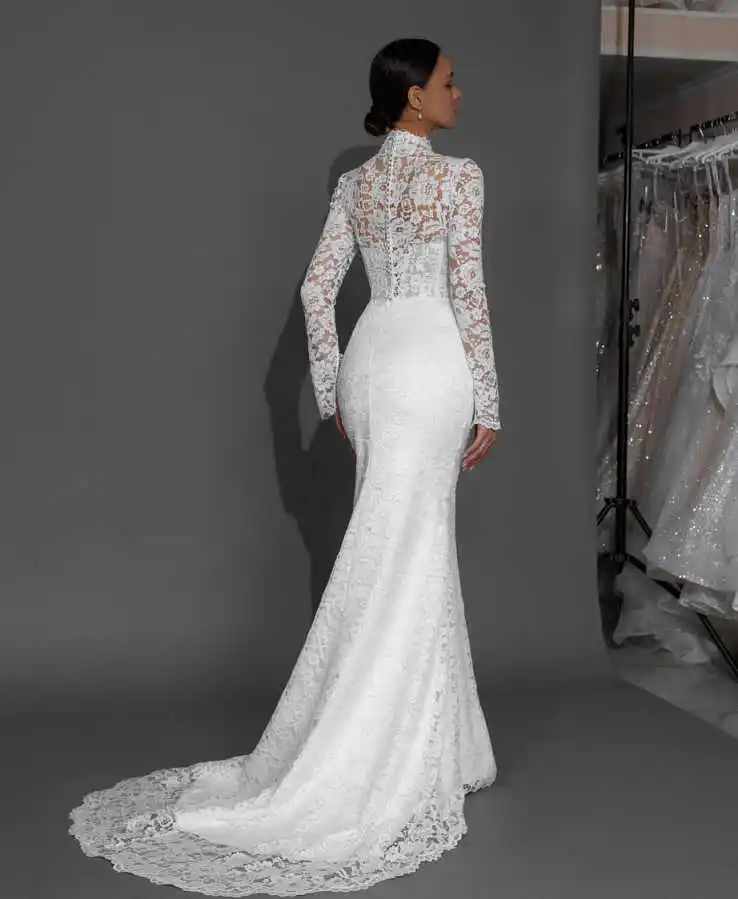Elegant Lace Mermaid Wedding Gown Deep V-Neck Long Sleeve Sheer Bodice Pearl Trim Bridal Dress Vestido De Novia Customized
Elegant Lace Mermaid Wedding Gown Deep V-Neck Long Sleeve Sheer Bodice Pearl Trim Bridal Dress Vestido De Novia Customized