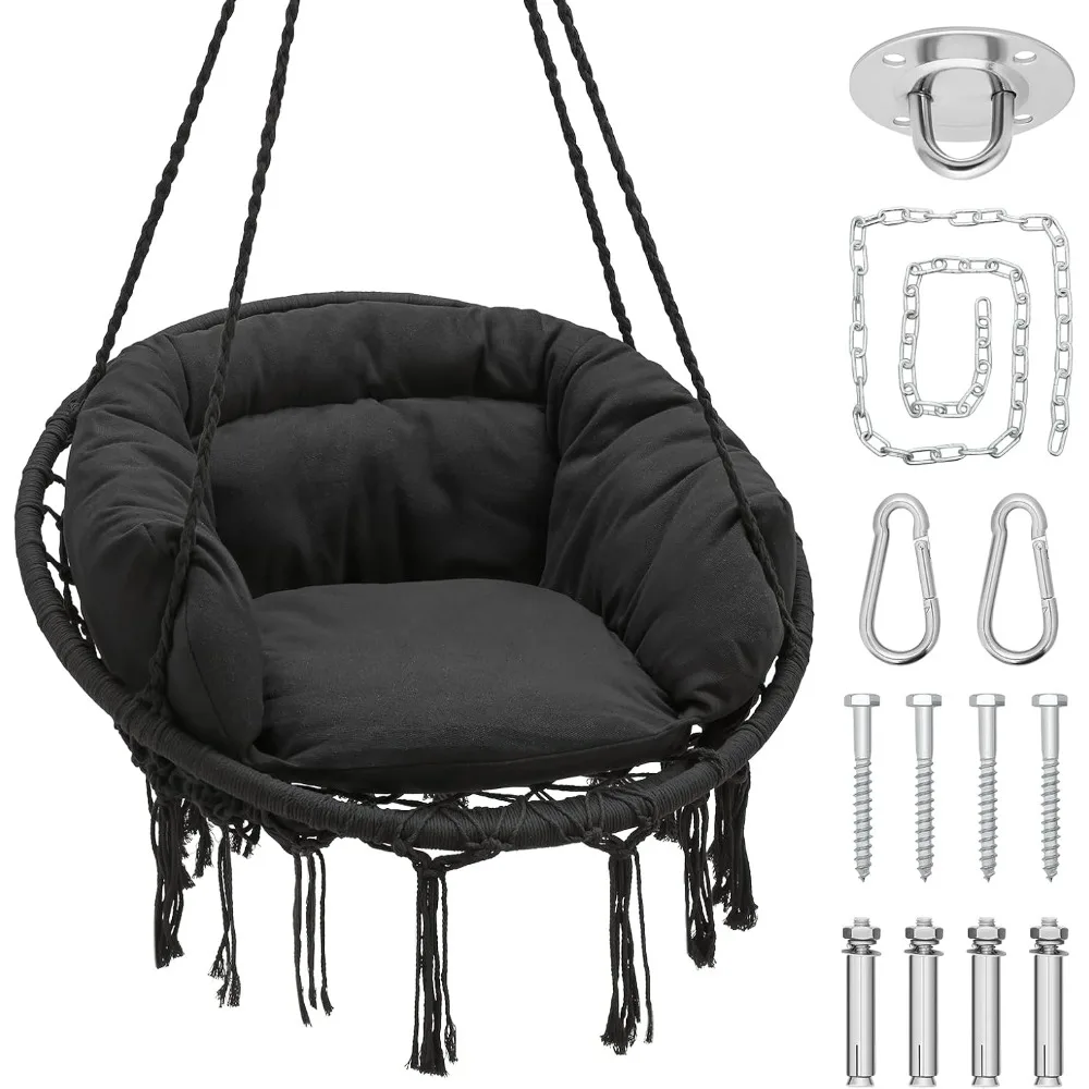 Athena Collection Black Hammock Swing Chair Thick Cushions Macrame Rope 350Lbs Indoor Outdoor Bedroom Balcony
Athena Collection Black Hammock Swing Chair Thick Cushions Macrame Rope 350Lbs Indoor Outdoor Bedroom Balcony