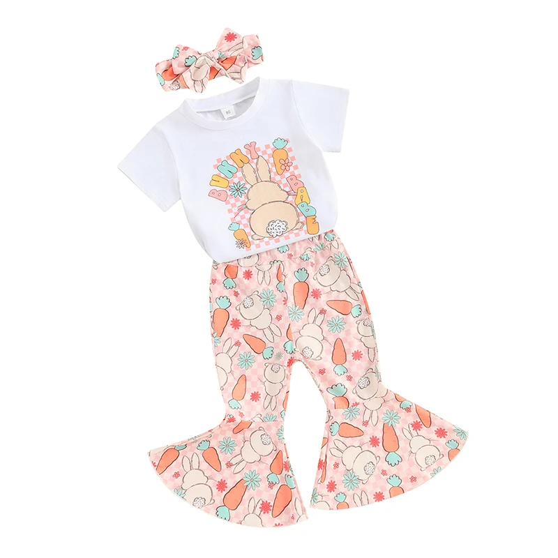 Toddler Girl Easter Clothes Letter Print Short Sleeve T-Shirt with Bunny Carrot Pattern Flare Pants Bow Headband Outfit
Toddler Girl Easter Clothes Letter Print Short Sleeve T-Shirt with Bunny Carrot Pattern Flare Pants Bow Headband Outfit