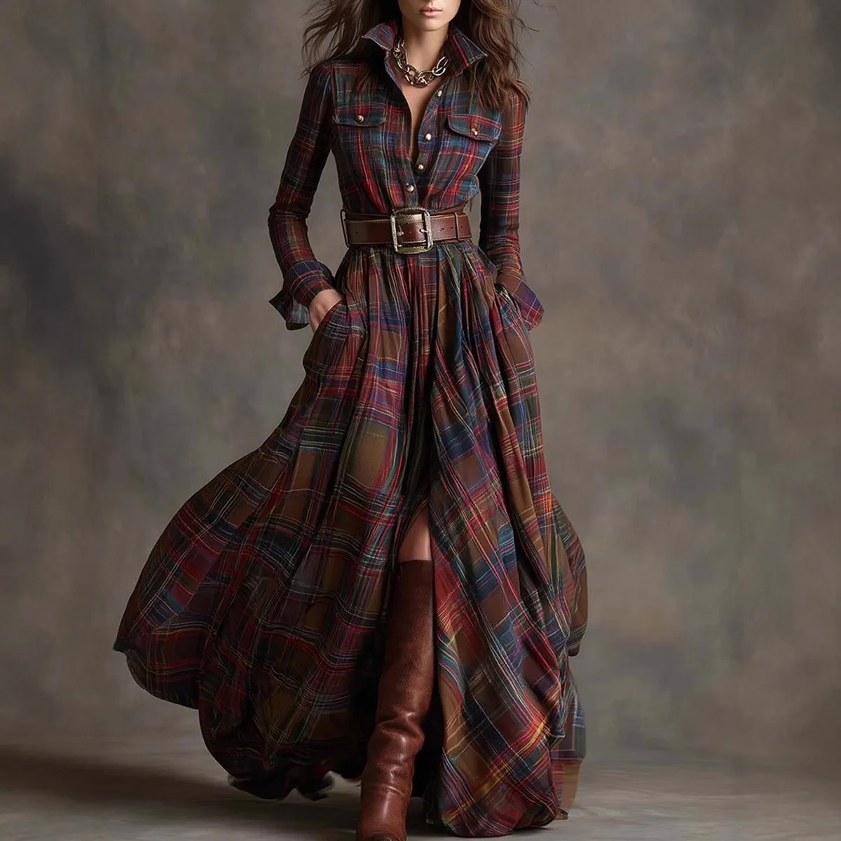 Autumn Lapel Fashion Belt Pocket Irregular Design A-line Long Skirt for Female French Women's Plaid Dress Shirt Button Dress
Autumn Lapel Fashion Belt Pocket Irregular Design A-line Long Skirt for Female French Women's Plaid Dress Shirt Button Dress