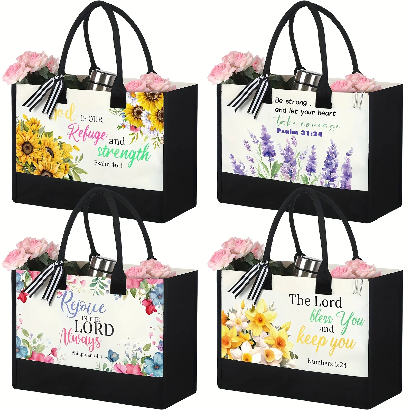 4-Pack Faith-Themed Canvas Tote Bags for Women – Inspirational Design with Gentle Bible-Inspired Phrases, Lightweight & Durable Everyday Carryall, Ideal for Daily Use, Church Visits, or Thoughtful Gifting – Classic Black Style
4-Pack Faith-Themed Canvas Tote Bags for Women – Inspirational Design with Gentle Bible-Inspired Phrases, Lightweight & Durable Everyday Carryall, Ideal for Daily Use, Church Visits, or Thoughtful Gifting – Classic Black Style