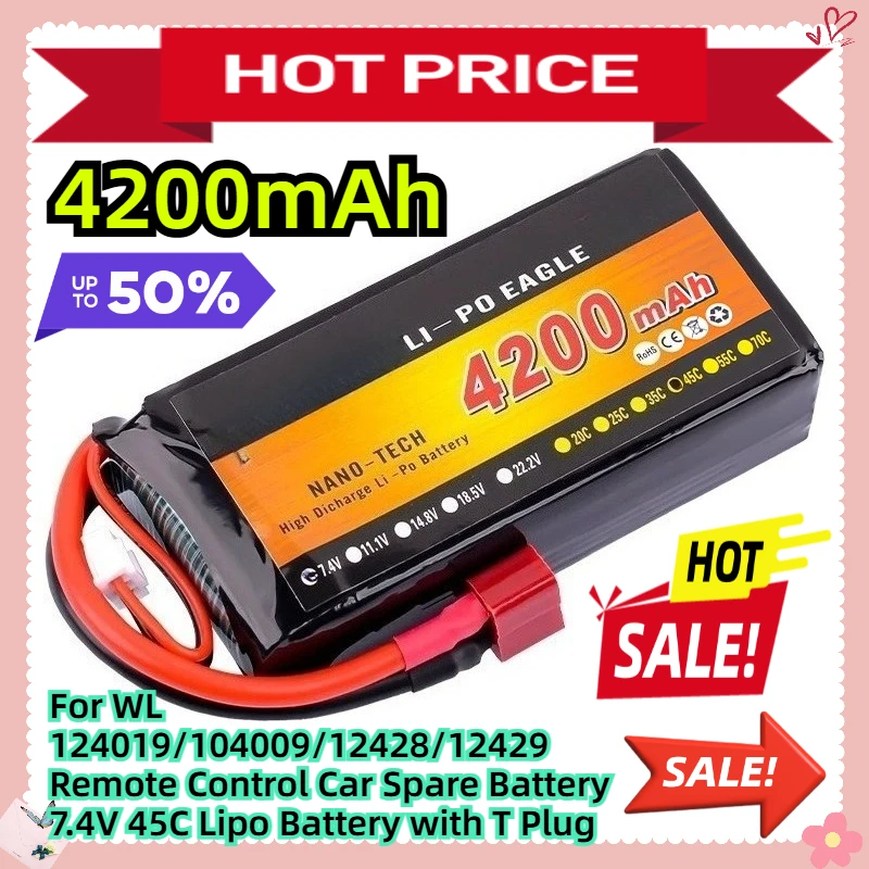 For WL 124019/104009/12428/12429 Remote Control Car Spare Battery 7.4V 4200mAh 45C Lipo Battery with T Plug
For WL 124019/104009/12428/12429 Remote Control Car Spare Battery 7.4V 4200mAh 45C Lipo Battery with T Plug