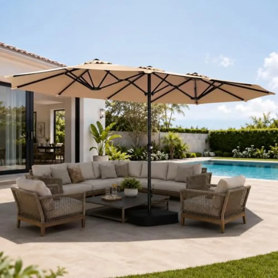 15ft Patio Umbrella with Base Included, Extra Large Shade Area, Double Sided Rectangle with Crank Handle for Poolside, Garden,
15ft Patio Umbrella with Base Included, Extra Large Shade Area, Double Sided Rectangle with Crank Handle for Poolside, Garden,