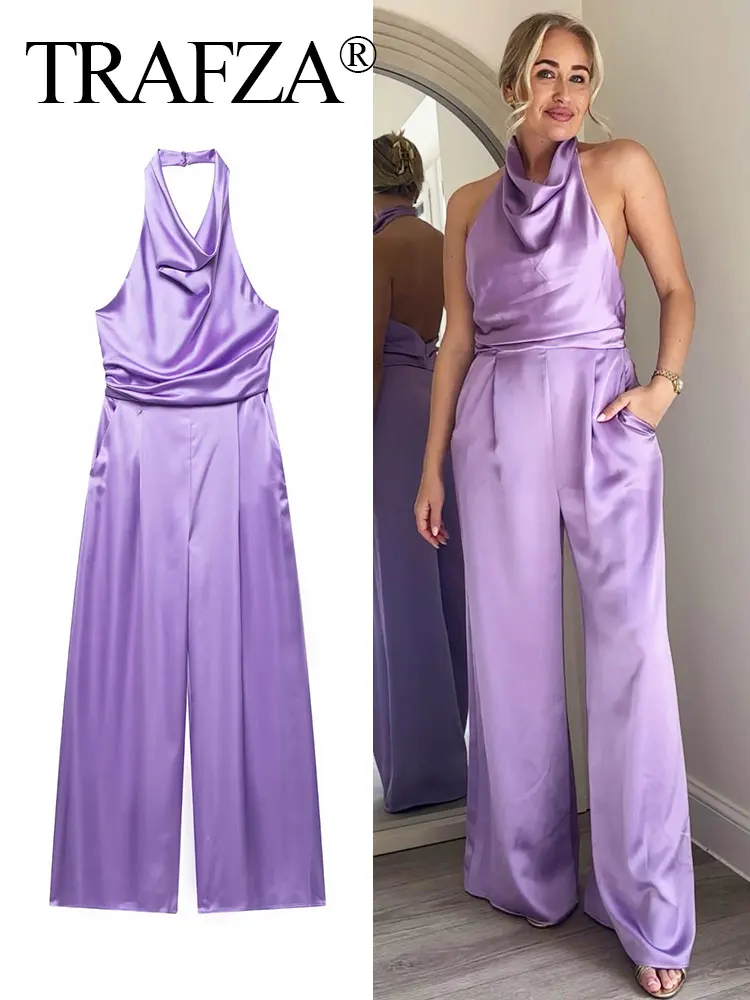 TRAFZA женский элегантный фиолетовый шелковый атласный текстурированный боди с открытой спиной и лямкой на шее, без рукавов, морщинистый летний комбинезон с широкими штанинами 
TRAFZA женский элегантный фиолетовый шелковый атласный текстурированный боди с открытой спиной и лямкой на шее, без рукавов, морщинистый летний комбинезон с широкими штанинами