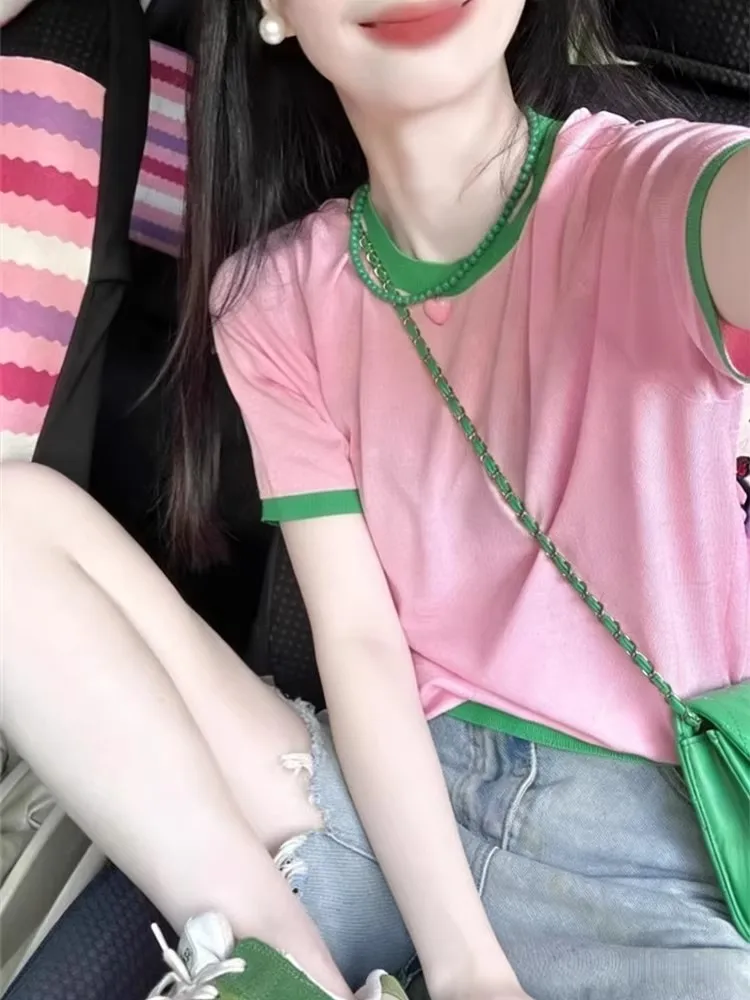 Dopamine Pink round Neck Ice Silk Knitted Short Sleeve T-Shirt Women Summer Thin Unique Beautiful Loose Shoulder Top
Dopamine Pink round Neck Ice Silk Knitted Short Sleeve T-Shirt Women Summer Thin Unique Beautiful Loose Shoulder Top