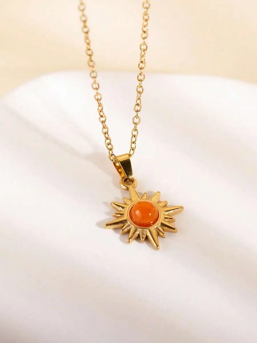 Stainless Steel Gold Plated Sun Pendant Necklace With Orange Stone For Women
Stainless Steel Gold Plated Sun Pendant Necklace With Orange Stone For Women
