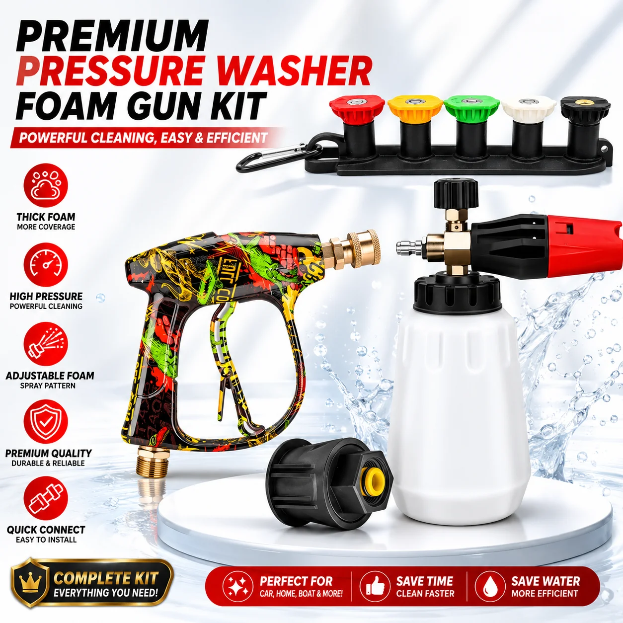 Household Graffiti High Pressure Washer Gun Kit, Equipped with Snow Foam Cannon, 5 Color Spray Nozzles, Nozzle Holde
Household Graffiti High Pressure Washer Gun Kit, Equipped with Snow Foam Cannon, 5 Color Spray Nozzles, Nozzle Holde