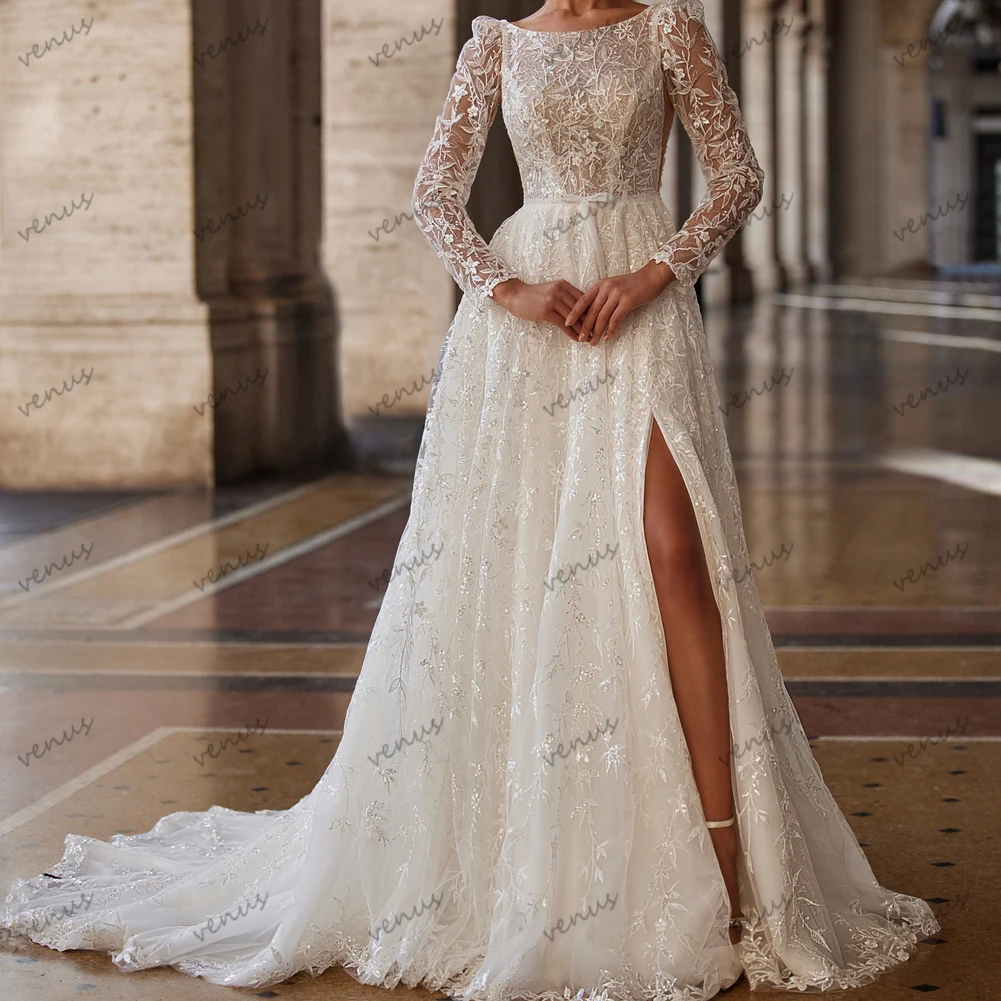 Glamorous Wedding Dresses Luxury A Line Lace Bridal Gowns Full Sleeves O Neck Robes High Slit Vestidos De Novia Customized 2025
Glamorous Wedding Dresses Luxury A Line Lace Bridal Gowns Full Sleeves O Neck Robes High Slit Vestidos De Novia Customized 2025