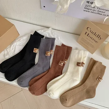 3 Pairs Winter Socks Women's Wool Cashmere Solid Warm Thickened Pile Socks Embroidered Logo Mid-Calf Socks Casual Snow Boot Sock