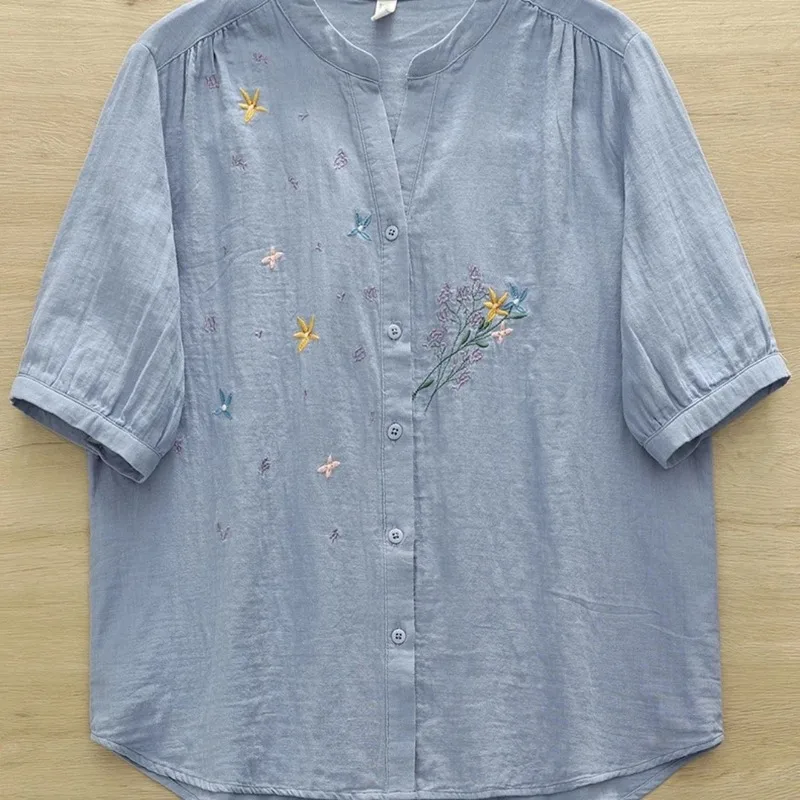 Cotton Floral Embroidered Women Shirt Loose Stand Collar Half Sleeve Summer Blouse
Cotton Floral Embroidered Women Shirt Loose Stand Collar Half Sleeve Summer Blouse