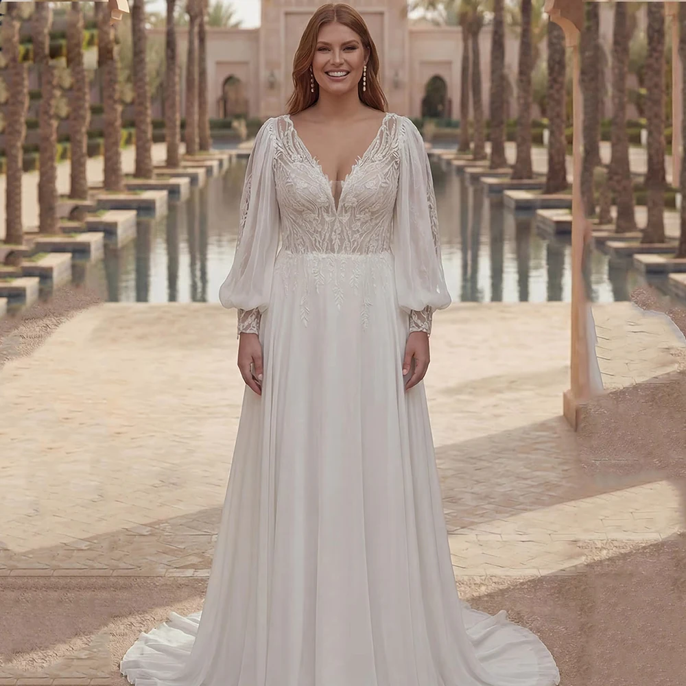 Boho Plus Size Elegant Wedding Dresses For Bride V-neck A-line Bridal Gowns Puff Lace Applique Sleeves Brides dress Customized
Boho Plus Size Elegant Wedding Dresses For Bride V-neck A-line Bridal Gowns Puff Lace Applique Sleeves Brides dress Customized