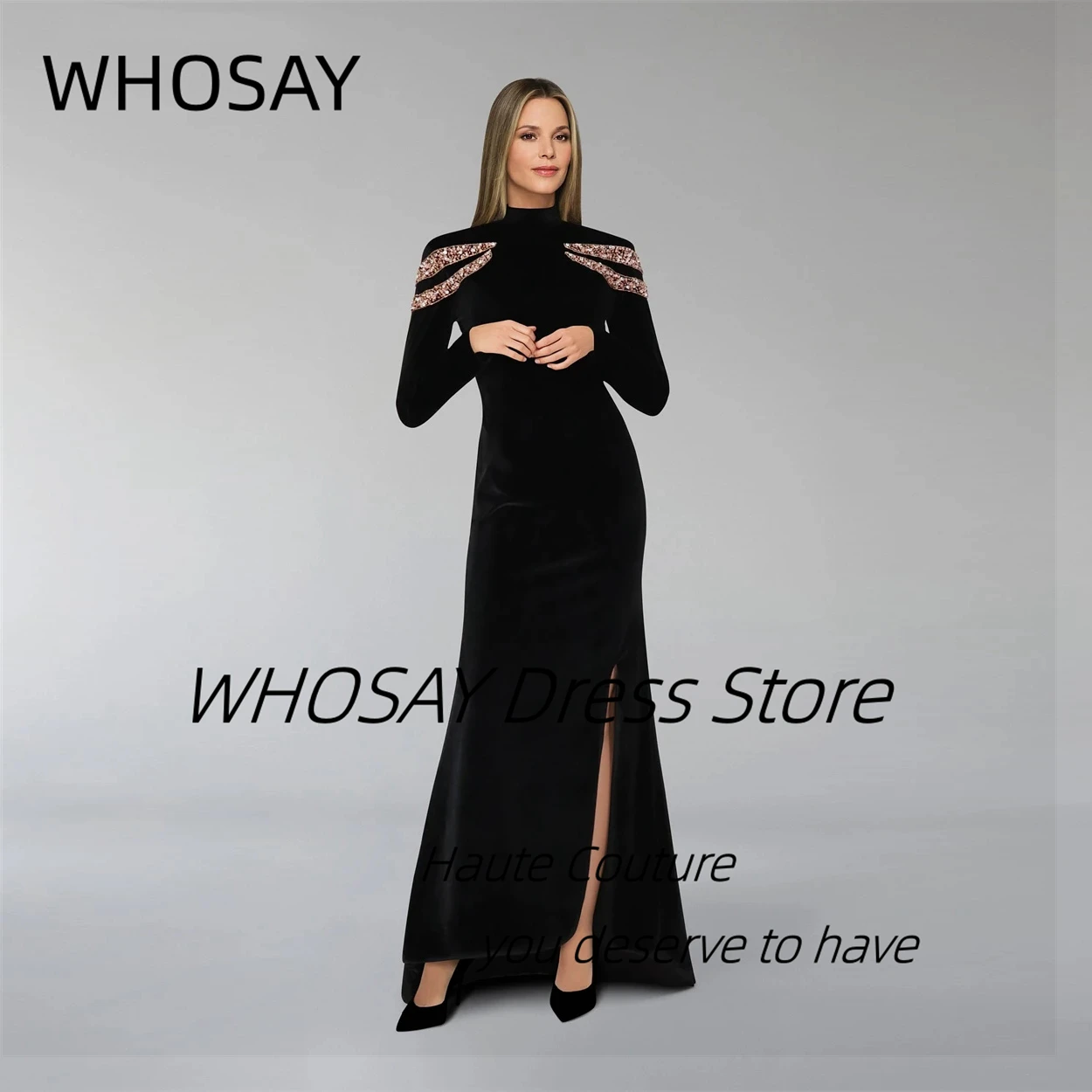 WHOSAY Черные вечерние платья по индивидуальному заказу с цепочкой и длинными рукавами, платье для выпускного вечера с высоким воротником и боковым разрезом, платья для дня рождения, Саудовские платья
WHOSAY Черные вечерние платья по индивидуальному заказу с цепочкой и длинными рукавами, платье для выпускного вечера с высоким воротником и боковым разрезом, платья для дня рождения, Саудовские платья