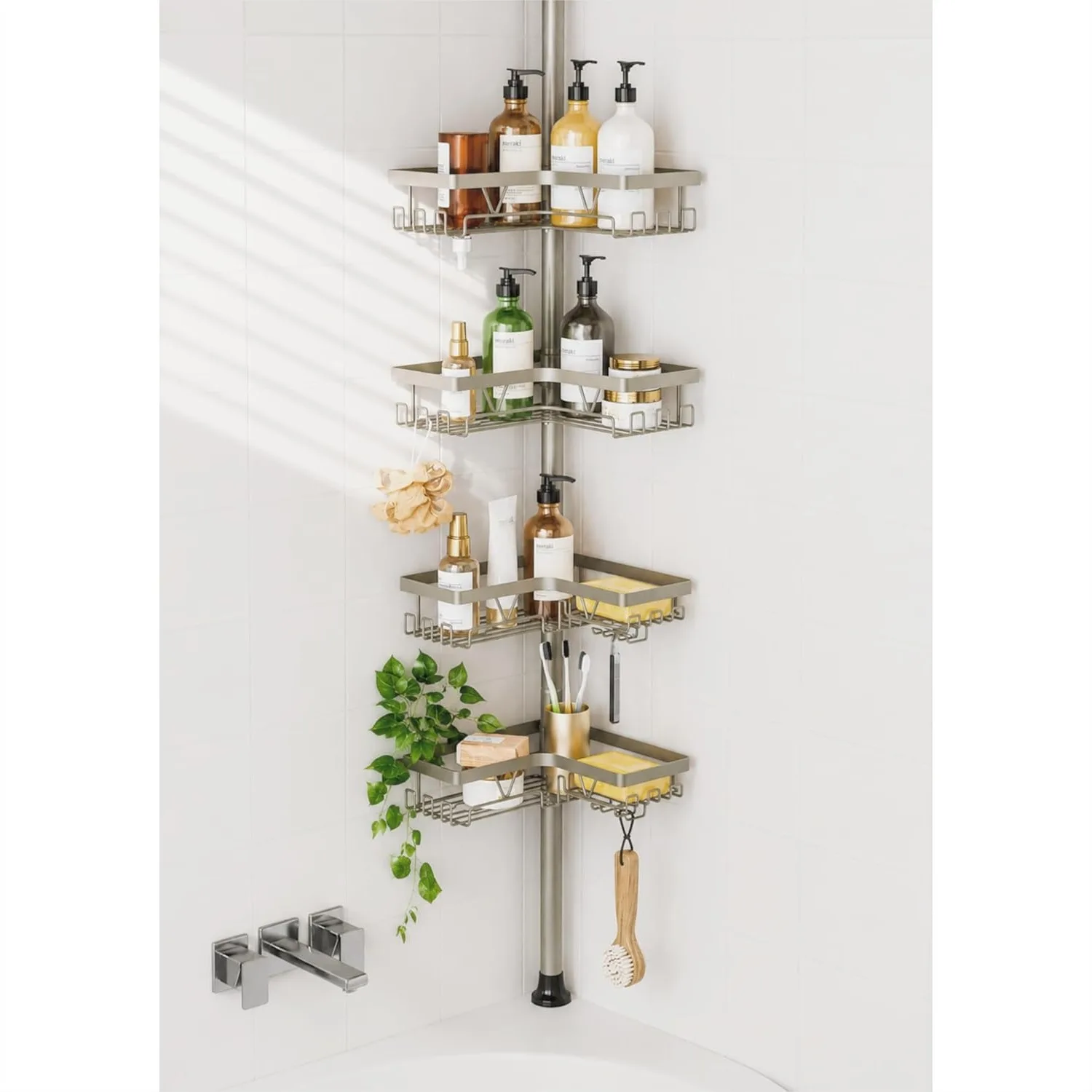 Shower Caddy Tension Pole, 4-Tier Rustproof Adjustable Corner Bathroom Organizer, No Drill Space-Saving Storage Rack, 25-114.2
Shower Caddy Tension Pole, 4-Tier Rustproof Adjustable Corner Bathroom Organizer, No Drill Space-Saving Storage Rack, 25-114.2