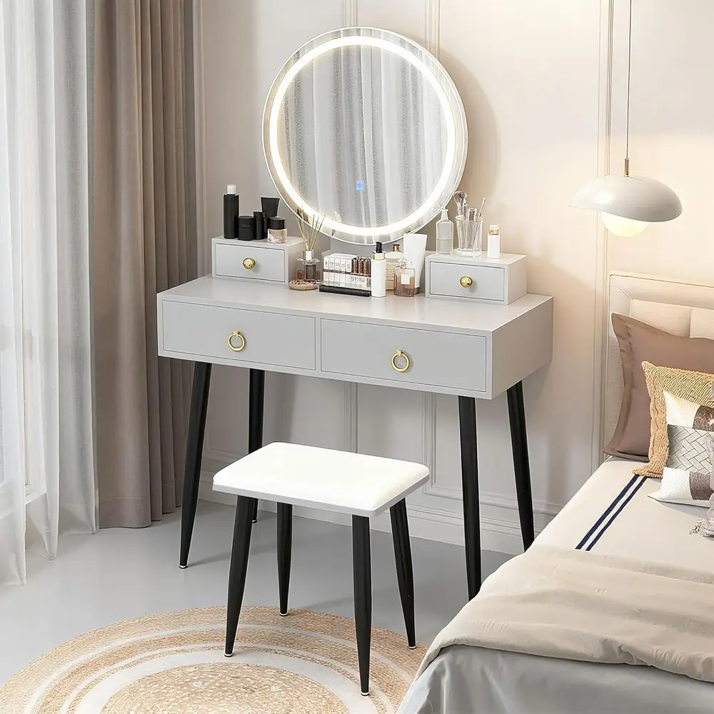 Lighted Vanity Table Set with Mirror, 3-Color LED Lights, Adjustable Brightness, Desk & Cushioned Stool for Women Girls - Grey &
Lighted Vanity Table Set with Mirror, 3-Color LED Lights, Adjustable Brightness, Desk & Cushioned Stool for Women Girls - Grey &