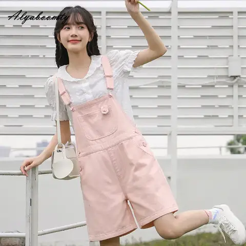 Japanese Summer Women Sweet Jumpsuit Suspenders Orange-Pink Poclets Casual Loose Teenager's Romper Cute Kawaii Elegant Overalls