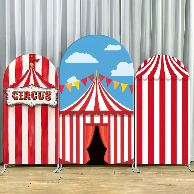 Single Side Arch Backdrop Cover Circus Theme Party Backdrop Set Featuring Red and White Striped Tents with Central Entrance
Single Side Arch Backdrop Cover Circus Theme Party Backdrop Set Featuring Red and White Striped Tents with Central Entrance