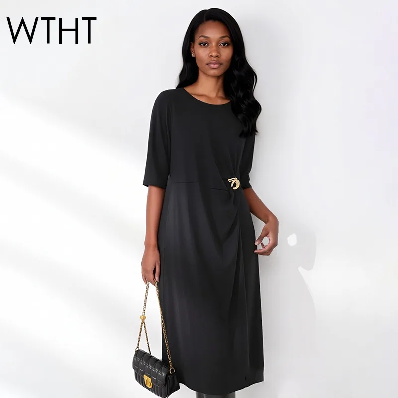 WTHT Fashion 2026 Spring Women's Metal Buckle Split Dress Trendy New O-neck Short Sleeves Loose Dresses Female 1LS2933
WTHT Fashion 2026 Spring Women's Metal Buckle Split Dress Trendy New O-neck Short Sleeves Loose Dresses Female 1LS2933
