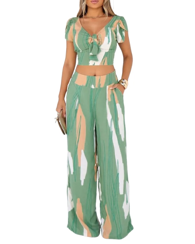 Two Piece Set Women Outfit 2025 Summer Fashion Colorblock V-Neck Tied Detail Crop Top & Casual High Waist Wide Leg Pants Set
Two Piece Set Women Outfit 2025 Summer Fashion Colorblock V-Neck Tied Detail Crop Top & Casual High Waist Wide Leg Pants Set