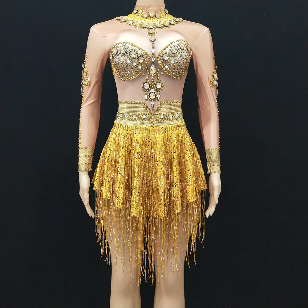 Female Jazz Dance Team Stage Performance Costume Gold Tassel Rhinestones Mini Dress Sexy Club Party Gogo Rave Outfit
Female Jazz Dance Team Stage Performance Costume Gold Tassel Rhinestones Mini Dress Sexy Club Party Gogo Rave Outfit