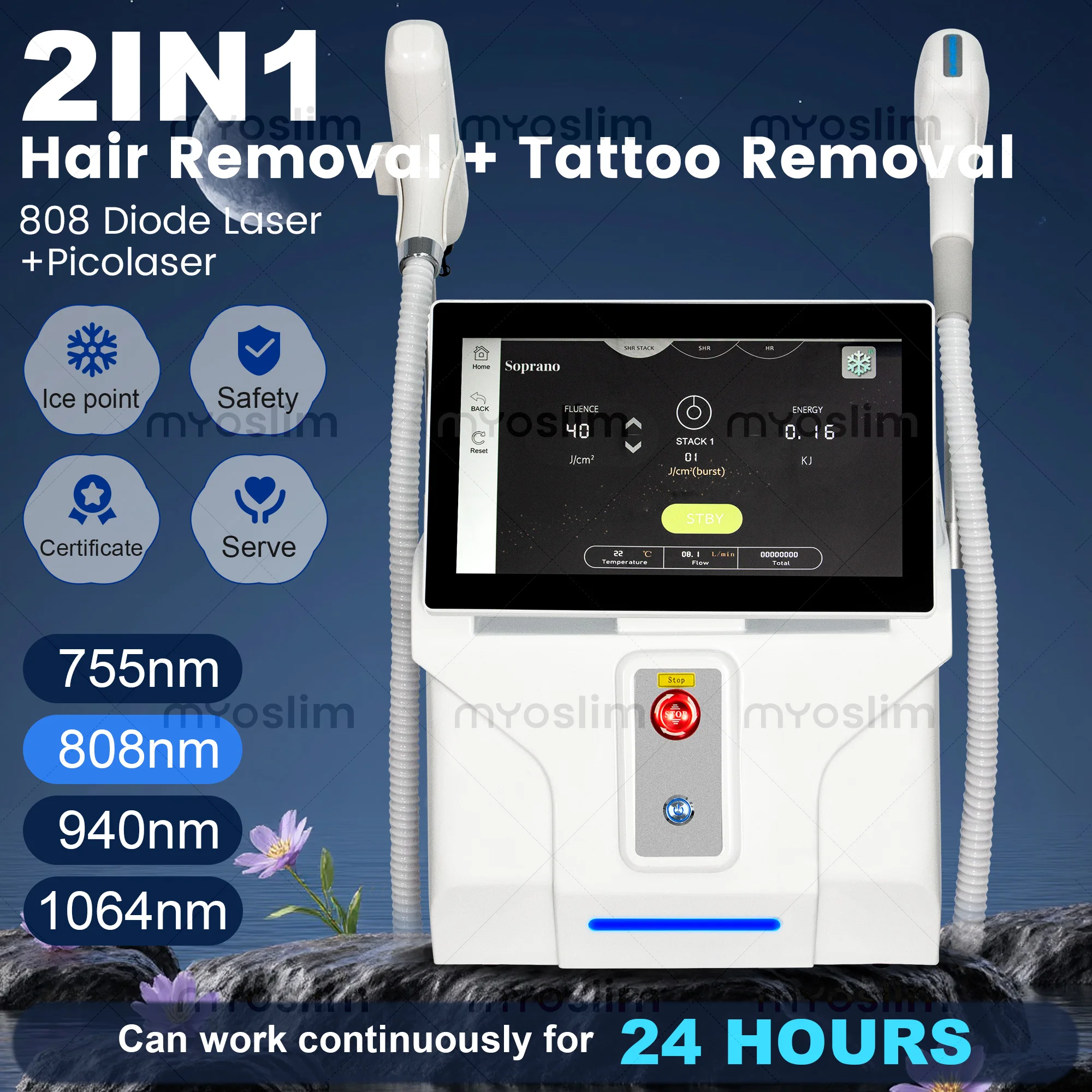 6000W Soprano 2‑in‑1 4‑Wave 755 808 940 1064nm FAC Picosecond Diode Laser Device for Permanent Hair Reduction & Tattoo Removal
6000W Soprano 2‑in‑1 4‑Wave 755 808 940 1064nm FAC Picosecond Diode Laser Device for Permanent Hair Reduction & Tattoo Removal