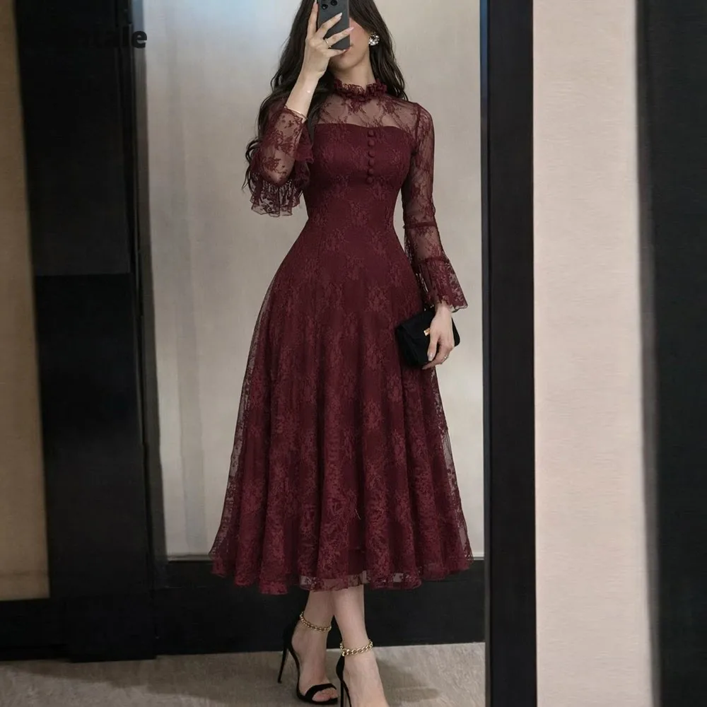 Eightale Arabic Evening Dress High Neck Customized Lace Burgundy Tea Length A-Line Long Sleeves Girl Prom Wedding Party Gown
Eightale Arabic Evening Dress High Neck Customized Lace Burgundy Tea Length A-Line Long Sleeves Girl Prom Wedding Party Gown